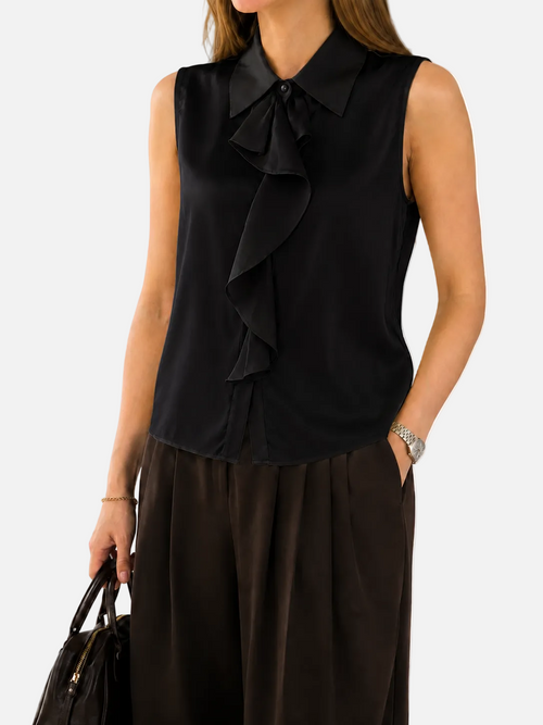 Black Ruffle Bow Blouse & Wide-Leg Trouser Set