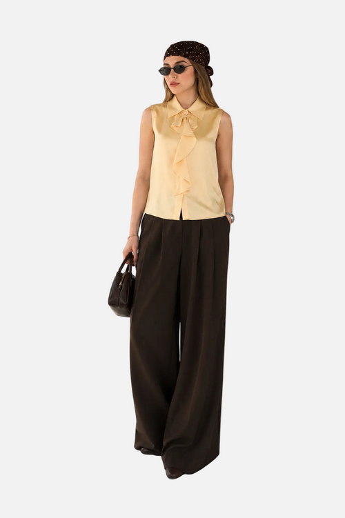 Black Ruffle Bow Blouse & Wide-Leg Trouser Set