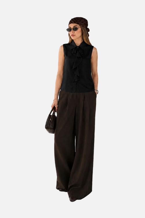 Black Ruffle Bow Blouse & Wide-Leg Trouser Set