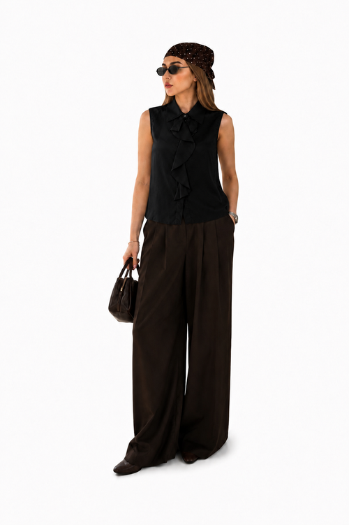 Black Ruffle Bow Blouse & Wide-Leg Trouser Set