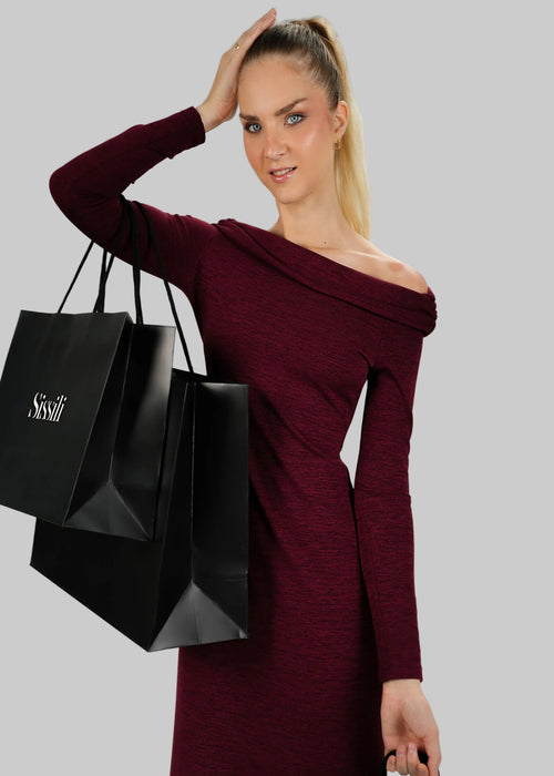 Burgundy Off-Shoulder Long Sleeve Bodycon Dress