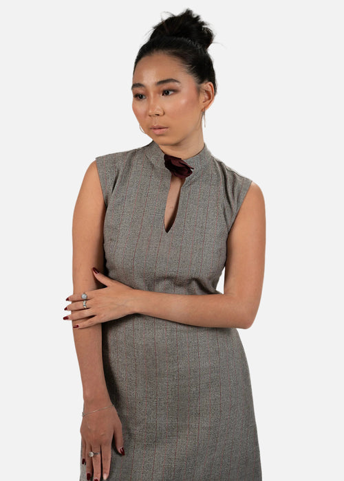 Grey Tweed Check Mini Dress with Keyhole Neck & Brooch Detail